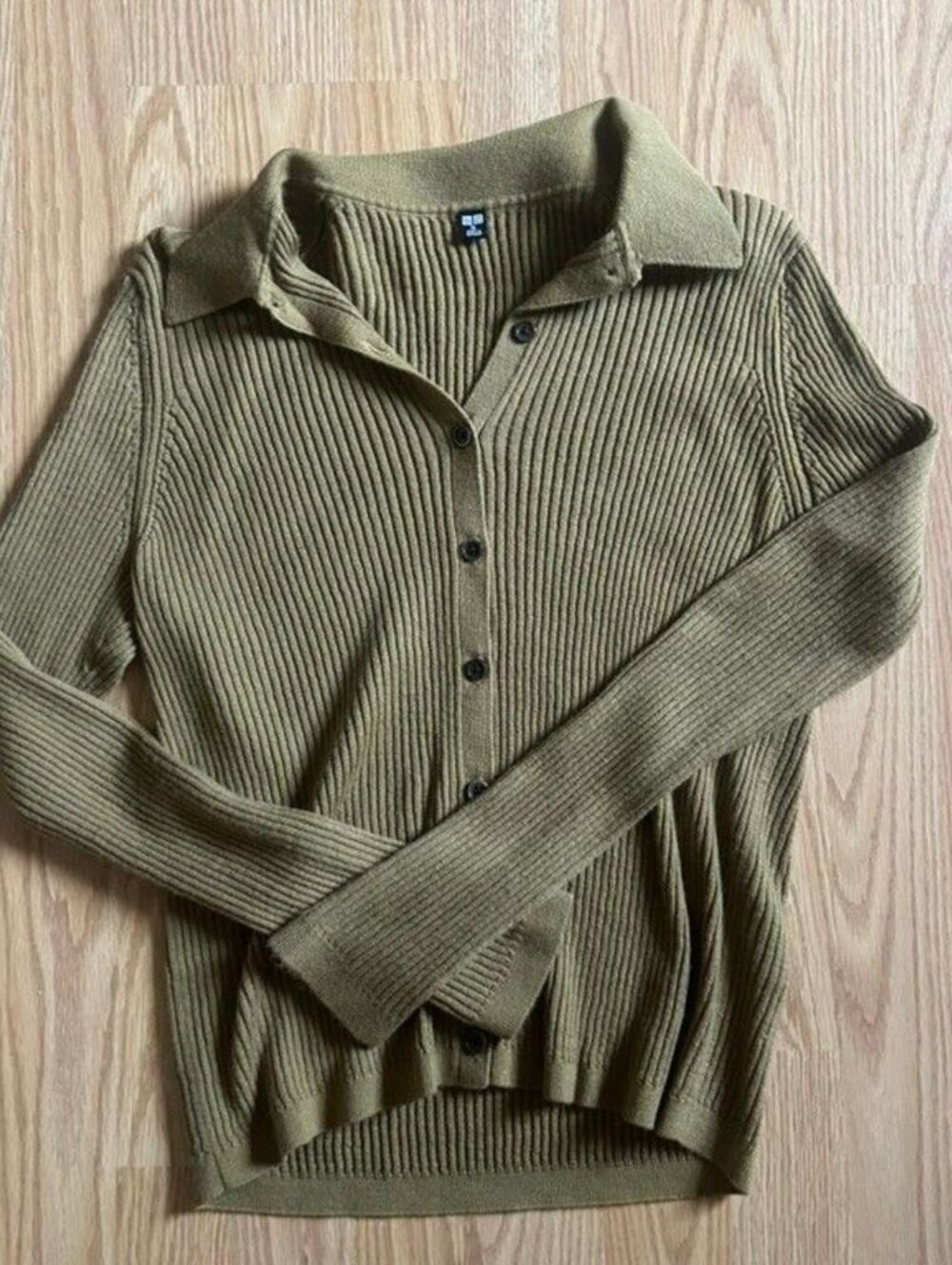 Uniqlo 100% Wool Ribbed Button Collared Cardigan Sweater Olive Green XL